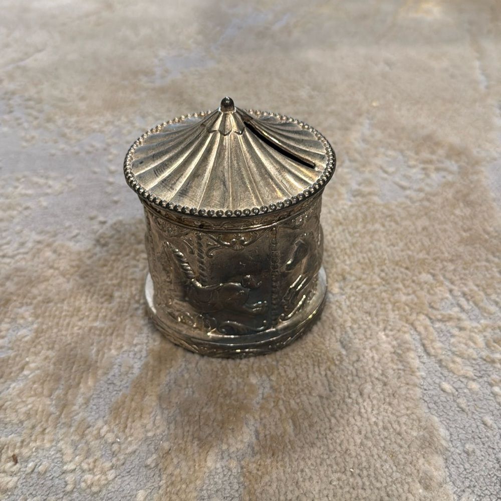 VINTAGE SILVER PLATE MONEY BOX CAROUSEL DESIGN GUC can use some cleaning